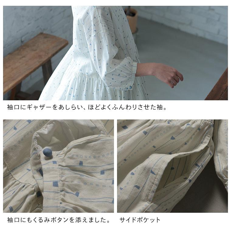 はちみつ堂 みずの音のワンピース レディース ロング フレア Aライン 七分袖 7分袖 Vネック 幾何学柄 麻混 リネン混の画像
