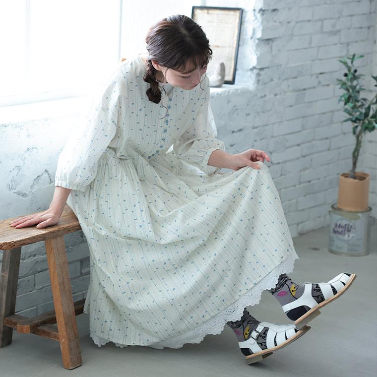 はちみつ堂 みずの音のワンピース レディース ロング フレア Aライン 七分袖 7分袖 Vネック 幾何学柄 麻混 リネン混の画像
