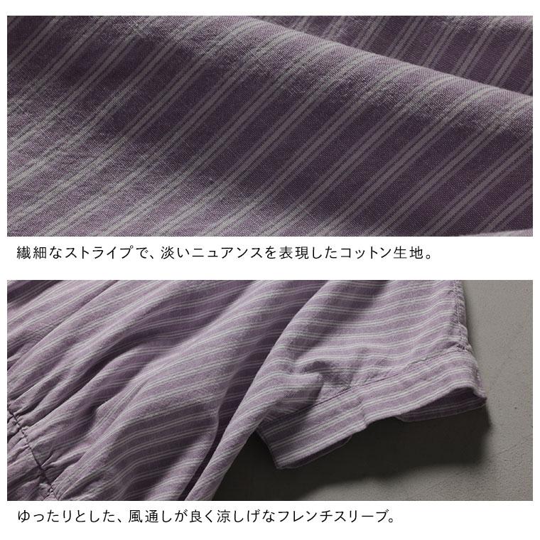 はちみつ堂 ラベンダーストライプのワンピース レディース ロング フレア Aライン 半袖 フレンチスリーブ ノーカラー バンドカラー 綿 コットンの画像