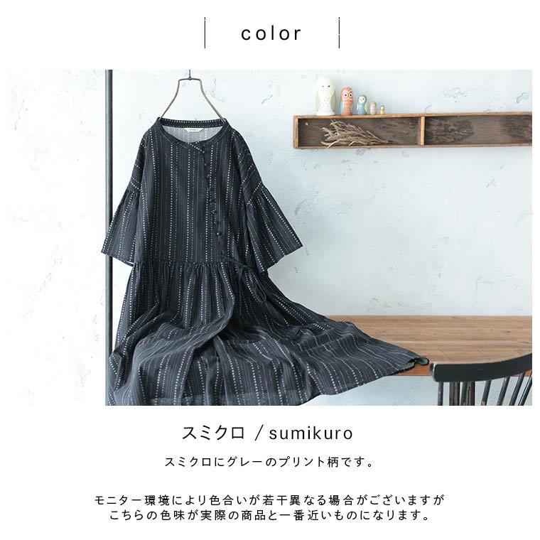 ふくろうと月 星月夜のワンピース レディース ロング フレア Aライン 五分袖 5分袖 半袖 ベルスリーブ 麻混 リネン混 小紋柄 水玉 ドット ストライプ トップスの画像