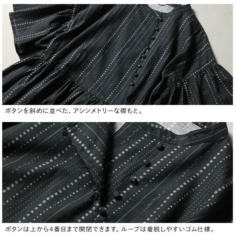 ふくろうと月 星月夜のワンピース レディース ロング フレア Aライン 五分袖 5分袖 半袖 ベルスリーブ 麻混 リネン混 小紋柄 水玉 ドット ストライプ トップスの画像