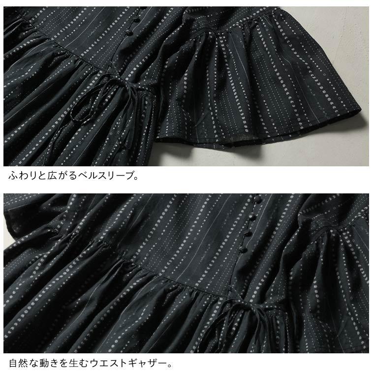 ふくろうと月 星月夜のワンピース レディース ロング フレア Aライン 五分袖 5分袖 半袖 ベルスリーブ 麻混 リネン混 小紋柄 水玉 ドット ストライプ トップスの画像