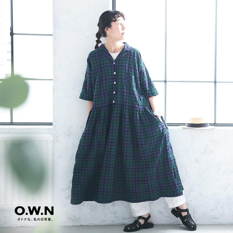 O.W.N 夏するブラックウォッチのワンピース レディース ロング フレア Aライン 五分袖 5分袖 半袖 開襟 オープンカラー チェック柄の画像