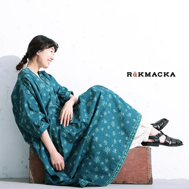 RaKMACKA(レックマッカ) エルダーフラワーのワンピース レディース ロング フレア Aライン 五分袖 5分袖 半袖 パフスリーブ キーネック Vネック リネン混 花柄の画像