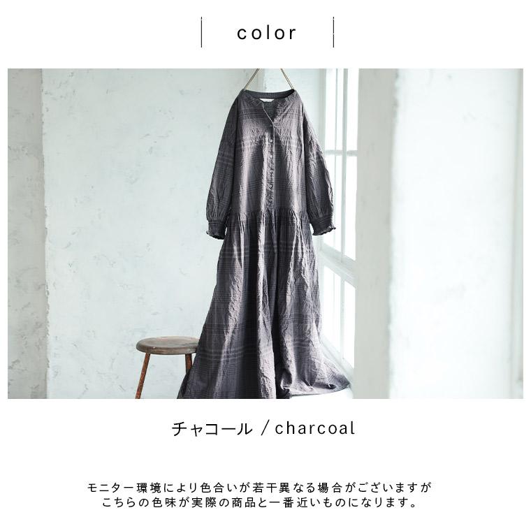 ふくろうと月 ニュアンスチェックな夏のワンピース レディース ロング フレア Aライン 七分袖 7分袖 パフスリーブ キーネックの画像