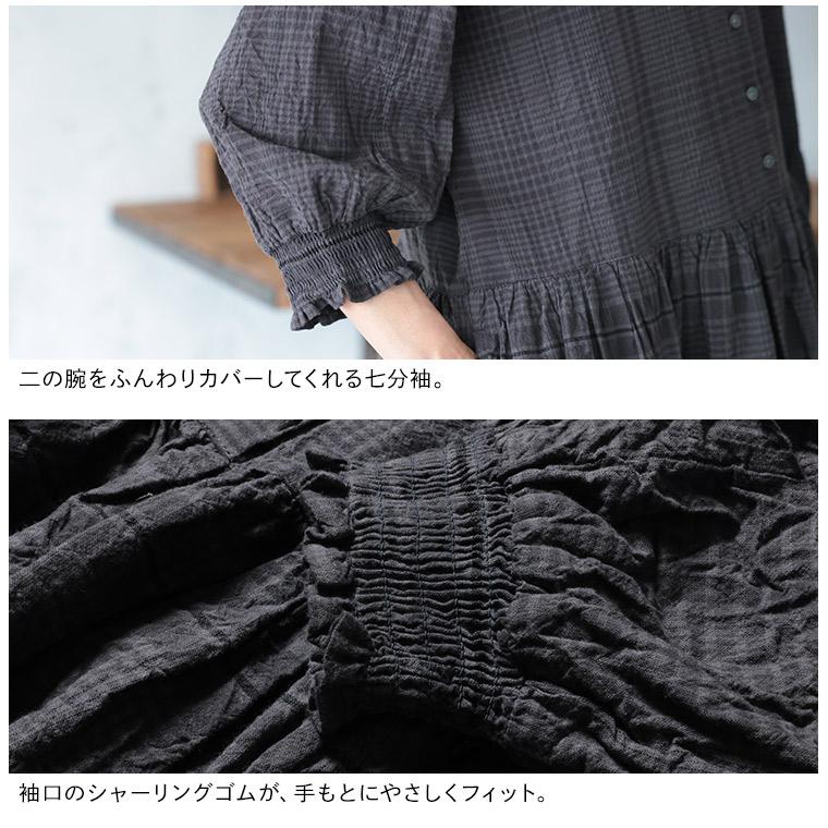 ふくろうと月 ニュアンスチェックな夏のワンピース レディース ロング フレア Aライン 七分袖 7分袖 パフスリーブ キーネックの画像