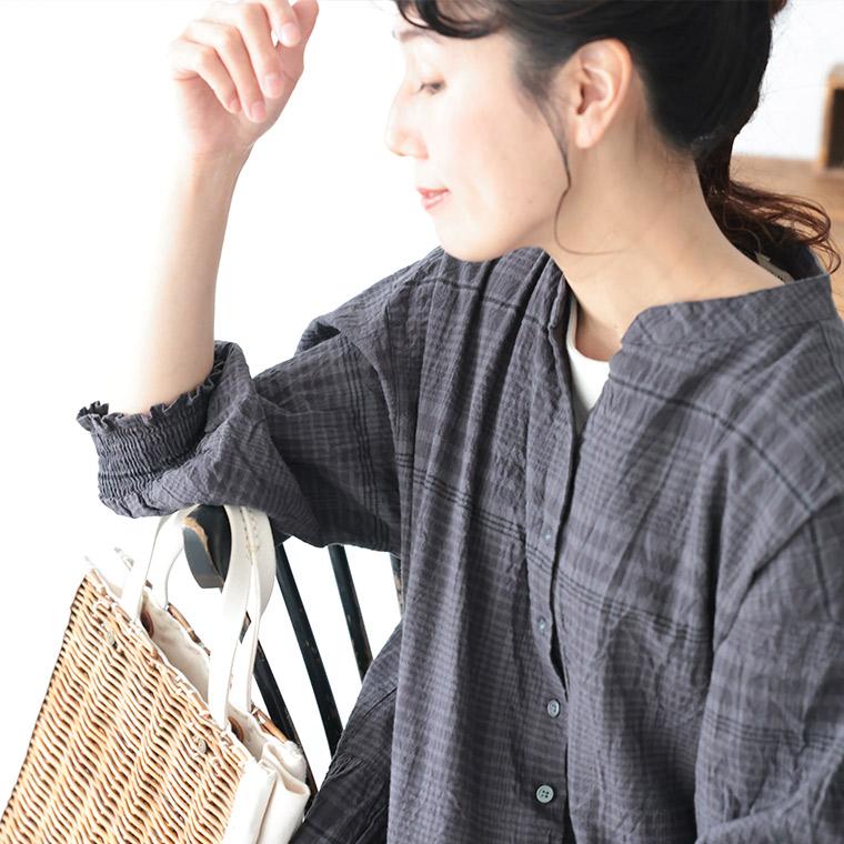ふくろうと月 ニュアンスチェックな夏のワンピース レディース ロング フレア Aライン 七分袖 7分袖 パフスリーブ キーネックの画像