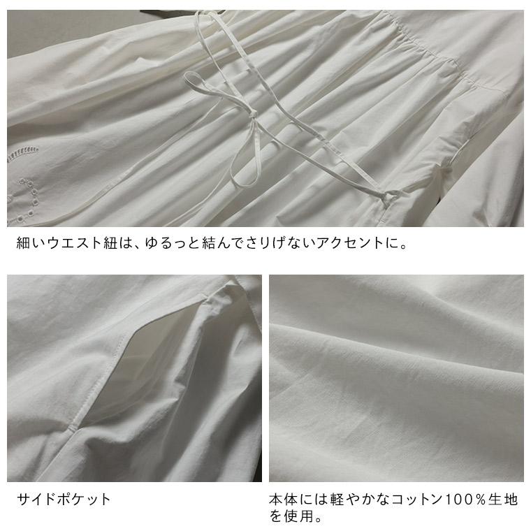 はちみつ堂 スカラップレースのワンピース レディース ロング ミモレ丈 フレア Aライン 七分袖 7分袖 パフスリーブ ノーカラー キーネック 綿 コットン 刺繍の画像