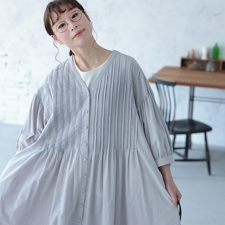 ふくろうと月 淡墨ピンタックのワンピース レディース ロング フレア Aライン 7分袖 七分袖 パフスリーブ 綿 コットンの画像