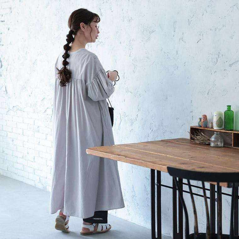 ふくろうと月 淡墨ピンタックのワンピース レディース ロング フレア Aライン 7分袖 七分袖 パフスリーブ 綿 コットンの画像
