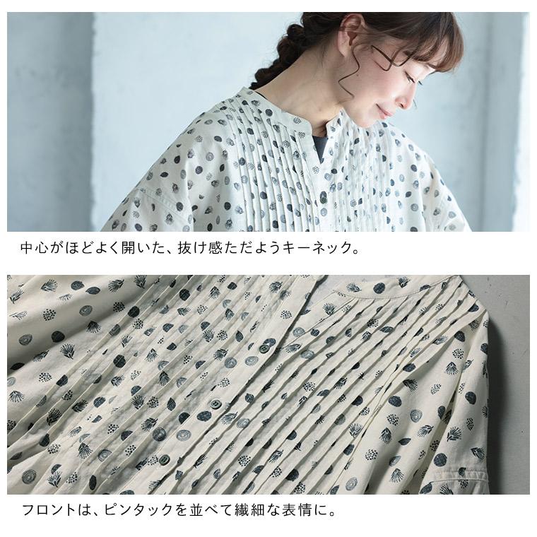 オニオンのワンピース レディース シャツワンピース ロング ミモレ丈 フレア Aライン 七分袖 7分袖 小紋柄風 ドット柄風 小花柄風 リネン混 麻混の画像