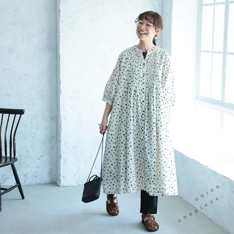 オニオンのワンピース レディース シャツワンピース ロング ミモレ丈 フレア Aライン 七分袖 7分袖 小紋柄風 ドット柄風 小花柄風 リネン混 麻混の画像