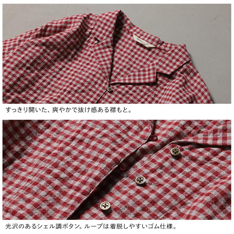 【ついに再入荷！】ふくろうと月 あかい木の実のワンピース レディース ロング フレア Aライン 半袖 5分袖 開襟 オープンカラー ギンガムチェックの画像
