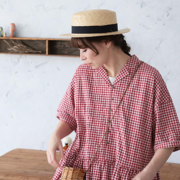 【ついに再入荷！】ふくろうと月 あかい木の実のワンピース レディース ロング フレア Aライン 半袖 5分袖 開襟 オープンカラー ギンガムチェックの画像