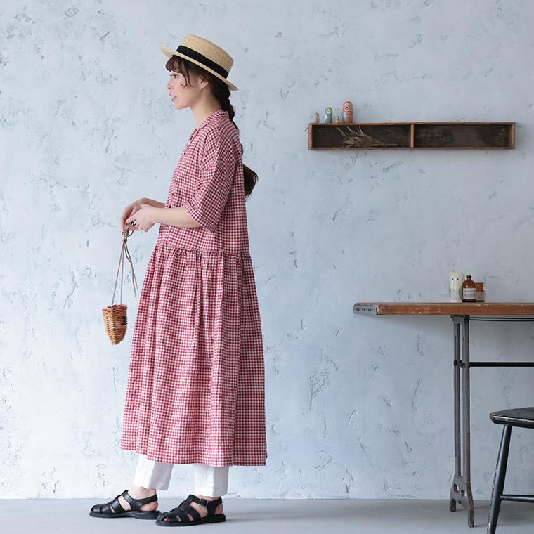 【ついに再入荷！】ふくろうと月 あかい木の実のワンピース レディース ロング フレア Aライン 半袖 5分袖 開襟 オープンカラー ギンガムチェックの画像