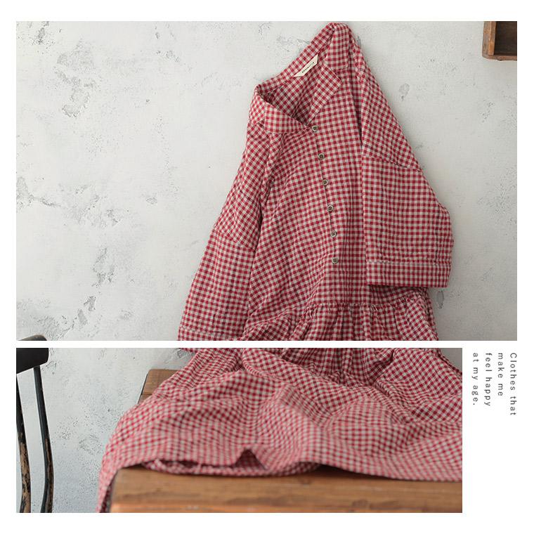【ついに再入荷！】ふくろうと月 あかい木の実のワンピース レディース ロング フレア Aライン 半袖 5分袖 開襟 オープンカラー ギンガムチェックの画像