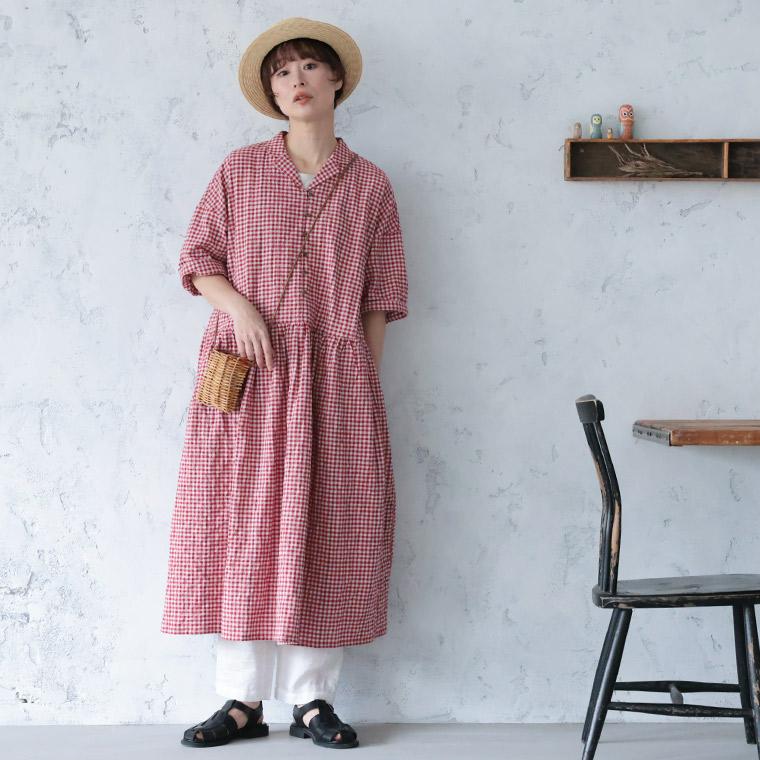 【ついに再入荷！】ふくろうと月 あかい木の実のワンピース レディース ロング フレア Aライン 半袖 5分袖 開襟 オープンカラー ギンガムチェックの画像