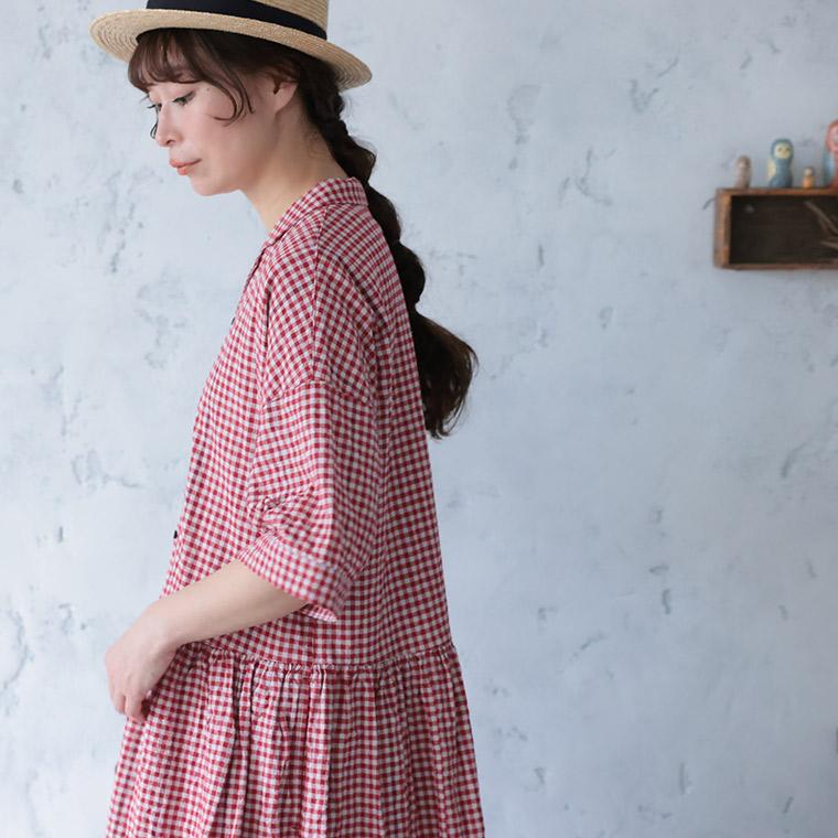 【ついに再入荷！】ふくろうと月 あかい木の実のワンピース レディース ロング フレア Aライン 半袖 5分袖 開襟 オープンカラー ギンガムチェックの画像