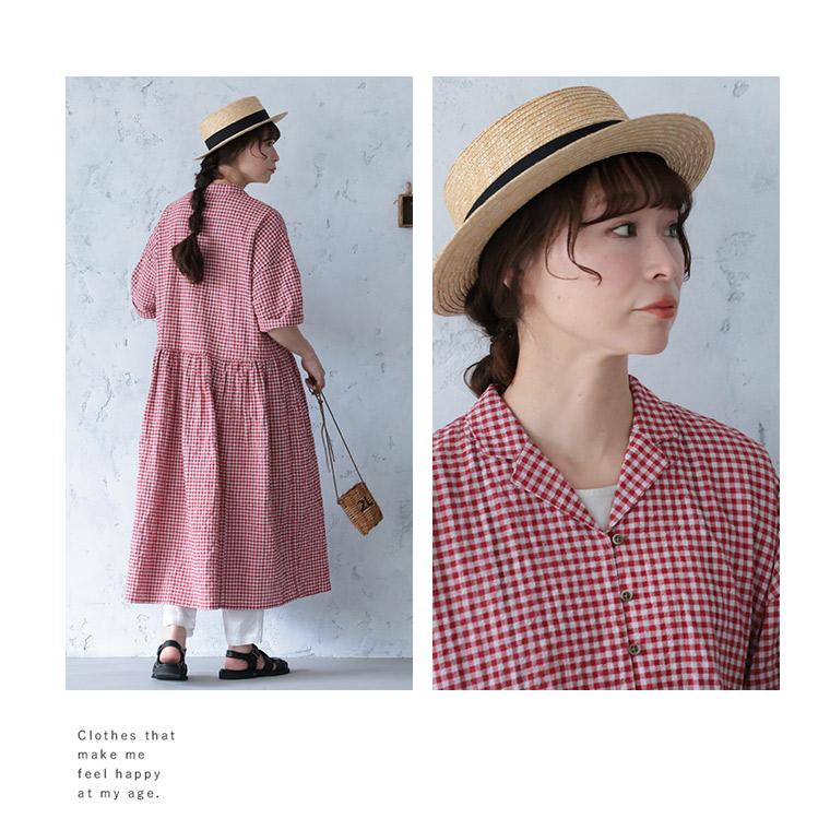 【ついに再入荷！】ふくろうと月 あかい木の実のワンピース レディース ロング フレア Aライン 半袖 5分袖 開襟 オープンカラー ギンガムチェックの画像