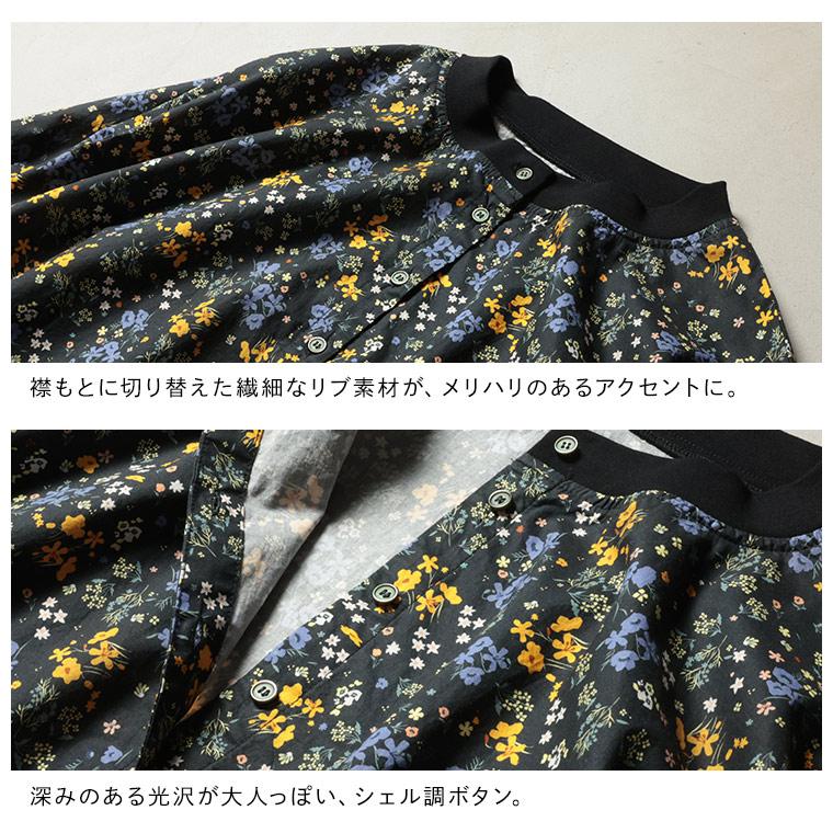 ［me］ 私の野に咲くワンピース レディース ロング フレア Aライン クルーネック バンドカラー 七分袖 7分袖 花柄 綿 コットンの画像