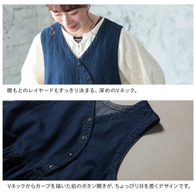 はちみつ堂 まあるいカーブのデニムワンピース レディース ジャンスカ ジャンパースカート ノースリーブ ロング フレア Aライン Vネック 麻混 リネン混の画像