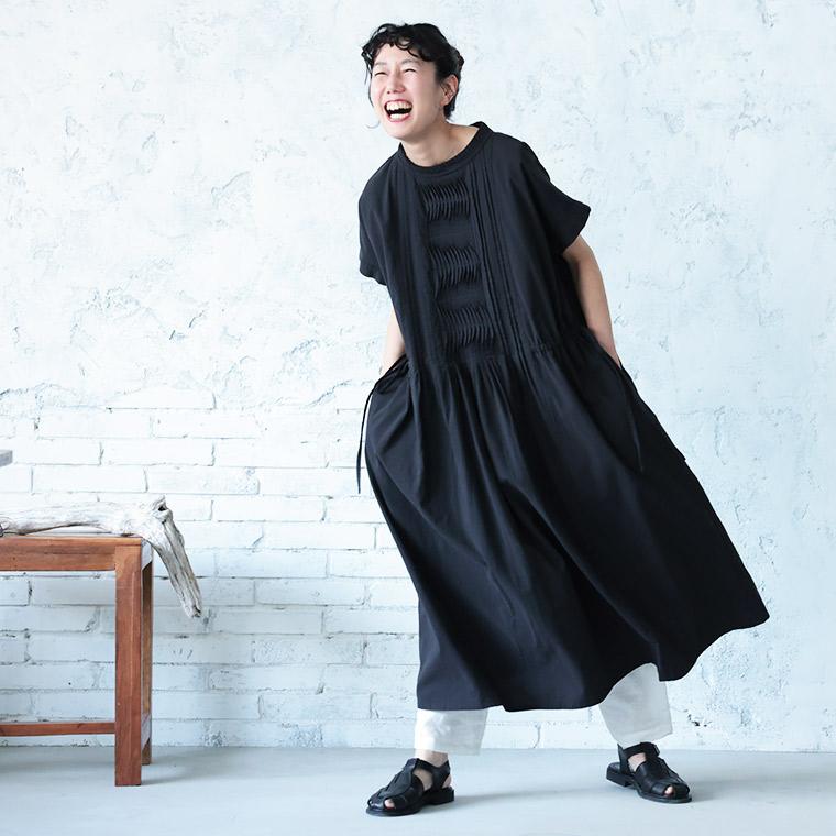 袖あり！なノースリのなみなみタックワンピース レディース ロング フレア Aライン ノースリーブ フレンチスリーブ 半袖 綿 コットン ピンタックの画像