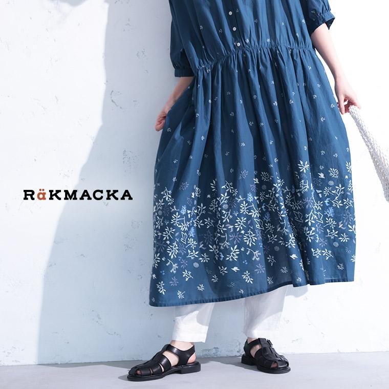 RaKMACKA(レックマッカ)  森とカモメのワンピース レディース ロング フレア Aライン 五分袖 5分袖 半袖 キーネック スキッパー風 北欧風 綿 草花柄 コットンの画像