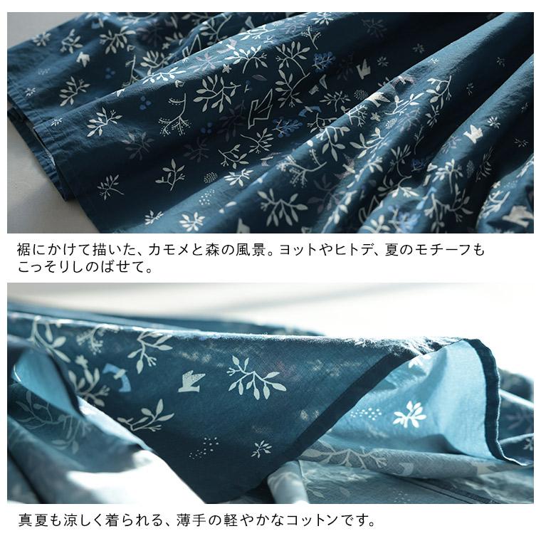 RaKMACKA(レックマッカ)  森とカモメのワンピース レディース ロング フレア Aライン 五分袖 5分袖 半袖 キーネック スキッパー風 北欧風 綿 草花柄 コットンの画像