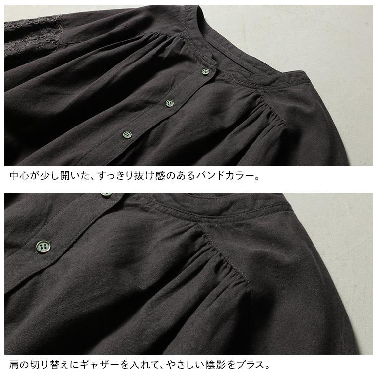 ふくろうと月 袖にアイレット刺繍のワンピース レディース ロング フレア Aライン 五分袖 5分袖 半袖 パフスリーブ レース 麻混 リネン混の画像