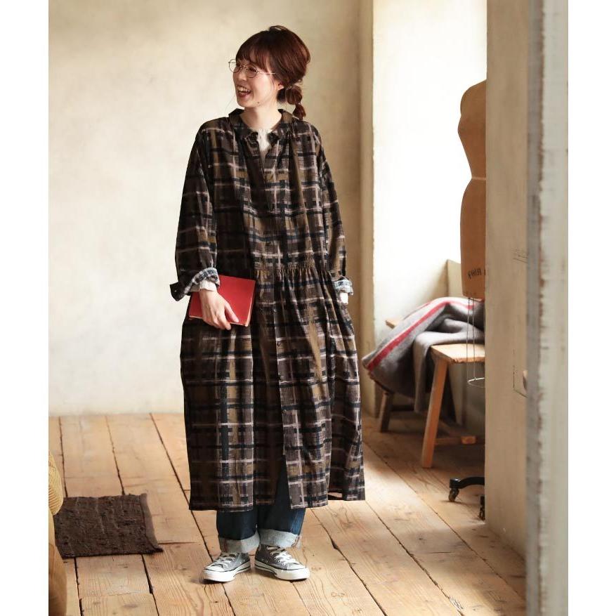 2月限定販売 古書が並ぶ本棚のチェックワンピース レディース シャツワンピース ロング フレア 長袖 コットン 綿 Soulberry 通販 Paypayモール