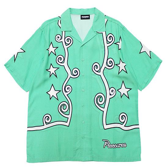 PLEASURES プレジャーズ 半袖シャツ FURY S/S SHIRT ストリート オープンカラー ワイドシルエット ロゴ プリント ミントグリーン 緑系 M L｜soulstyle