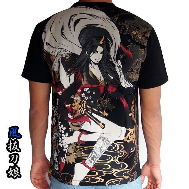 抜刀娘　結愛 風神Tee　半袖Tシャツ　アメカジ メンズ ブラック　212045｜sousakuzakka-koto