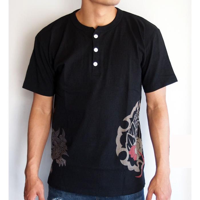和柄tシャツ 獅子牡丹 ヘンリーTシャツ メンズ ブラック 黒 喜人12007 