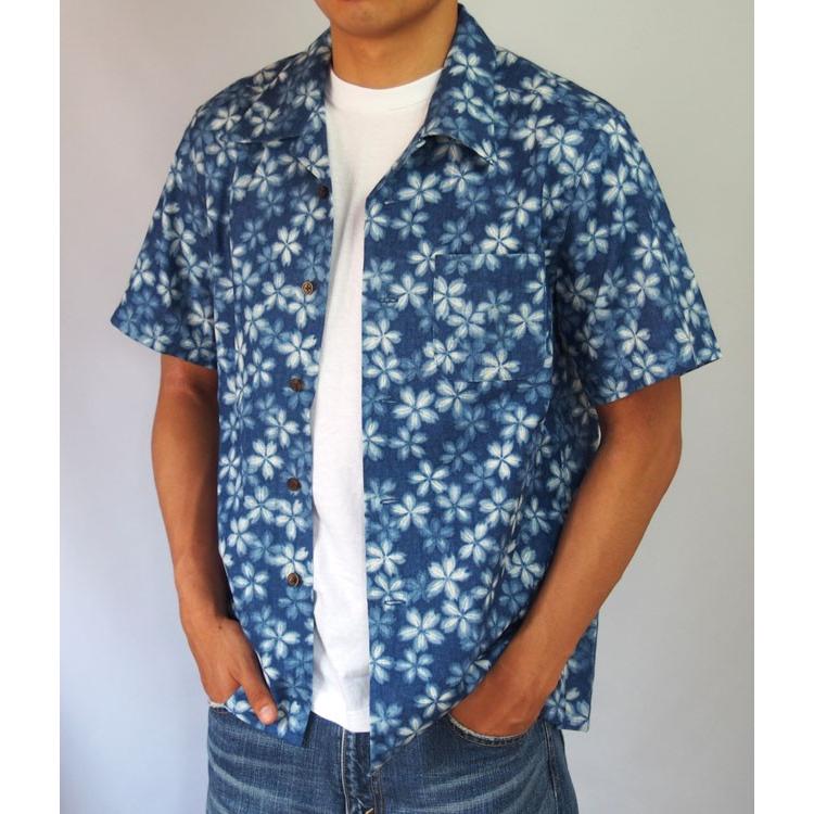 半袖シャツ アロハシャツ 藍染調絞り桜 衣櫻 和柄 和風 日本製 国産 青 