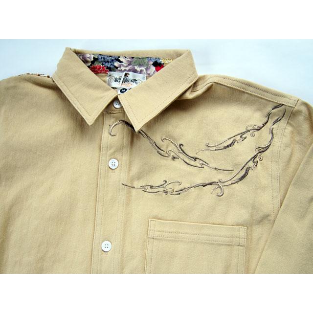 絡繰魂 桜流水 シャツ 和柄 刺繍 233082 ホワイト ブラック