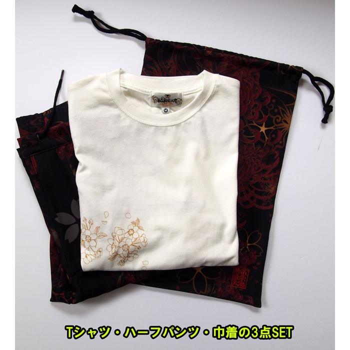 絡繰魂 和柄Tシャツ と ハーフパンツ、巾着の3点セット 金魚刺繍旅の 