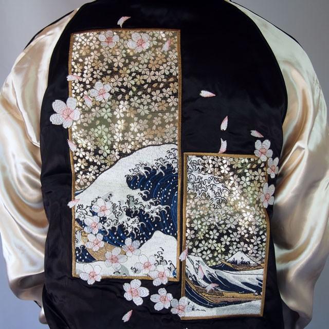 スカジャン メンズ レディース 絡繰魂 浮世絵 北斎金襴スカジャン  刺繍 【北斎】Hokusai ブラック　和柄 ジャンパー｜sousakuzakka-koto｜08