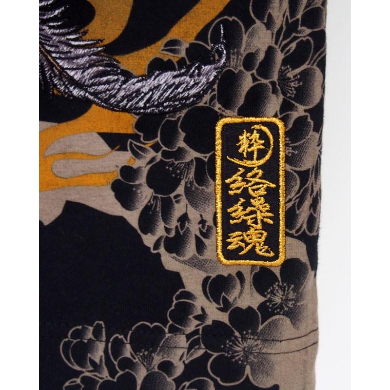 絡繰魂 和柄Tシャツ 長袖Tシャツ 月夜に闘鶏 刺繍 ロンT メンズ 黒
