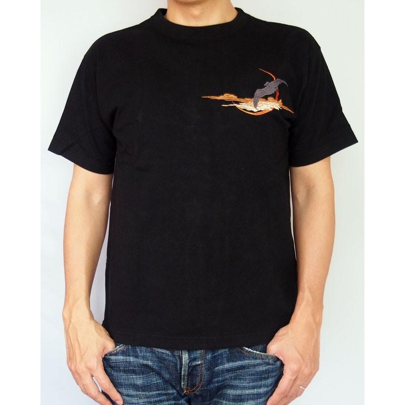 絡繰魂 和柄 tシャツ【絡繰魂】狼 刺繍 半袖Tシャツ メンズ 黒