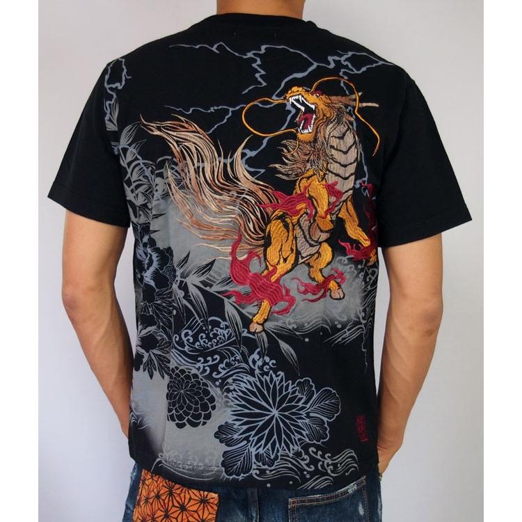 絡繰魂 和柄 tシャツ【絡繰魂】雷鳴に麒麟 刺繍 半袖Tシャツ メンズ 黒