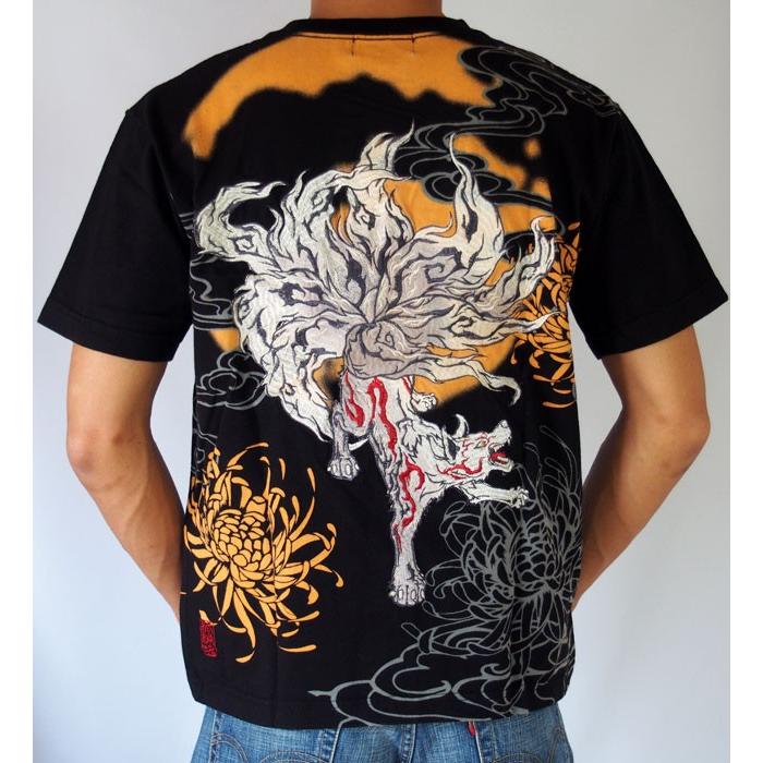 絡繰魂 和柄 tシャツ【絡繰魂】月夜に九尾 刺繍 半袖Tシャツ メンズ 黒