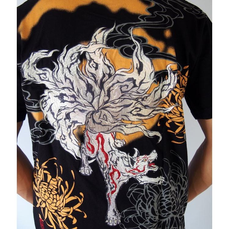 絡繰魂 和柄 tシャツ【絡繰魂】月夜に九尾 刺繍 半袖Tシャツ メンズ 黒