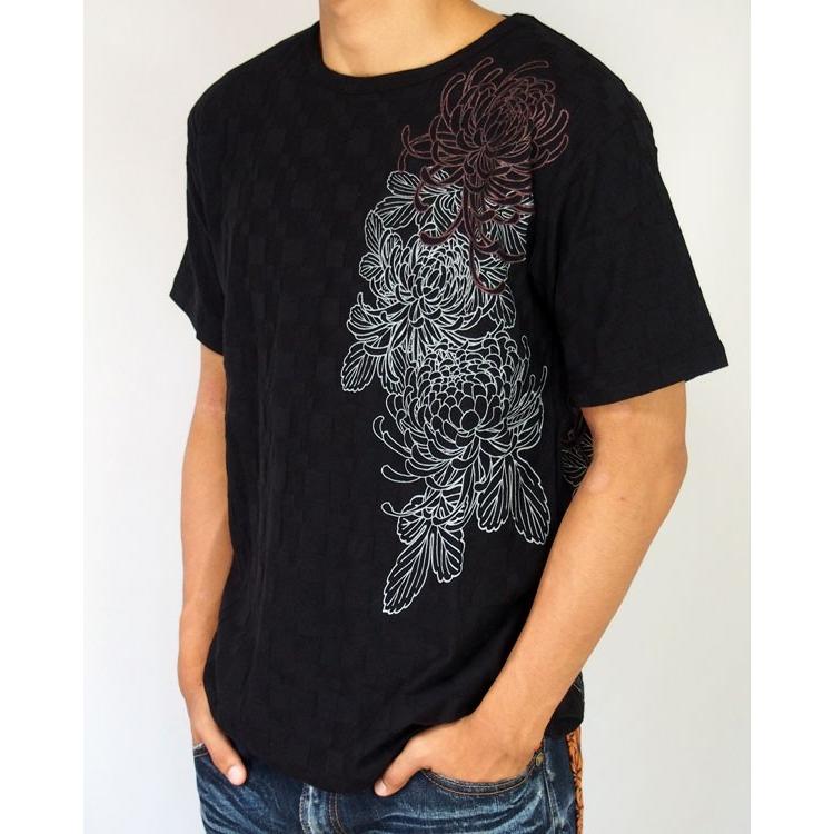 絡繰魂 和柄 tシャツ【絡繰魂】蘭菊 刺繍 半袖Tシャツ メンズ 黒 白