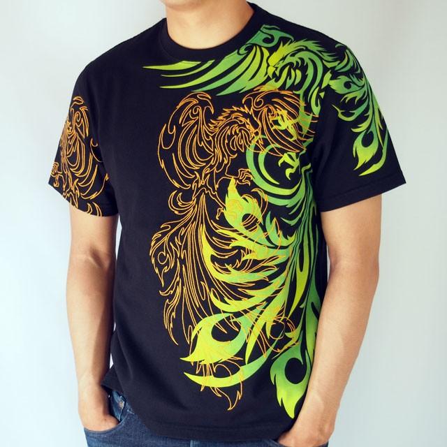 和柄Tシャツ 錦 トライバル 鳳凰Tシャツ 半袖Tシャツ メンズ 黒 白 