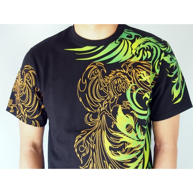 和柄Tシャツ 錦 トライバル 鳳凰Tシャツ 半袖Tシャツ メンズ 黒 白