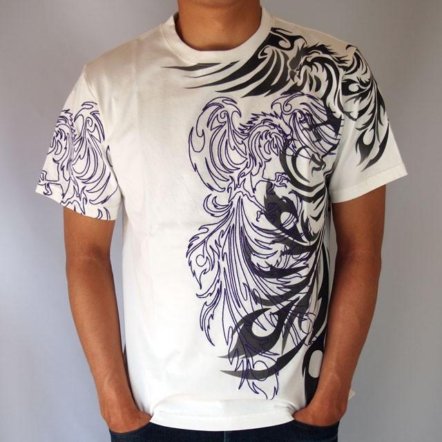 和柄Tシャツ 錦 トライバル 鳳凰Tシャツ 半袖Tシャツ メンズ 黒 白