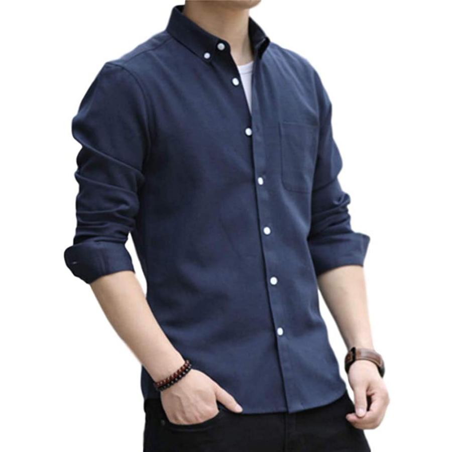 ラッキーチャーム ネイビー L オックスフォード ボタンダウン メンズシャツ 透湿素材 長袖 ビジネス 紺 フォーマル 学生 スリム カジュ 永遠の定番