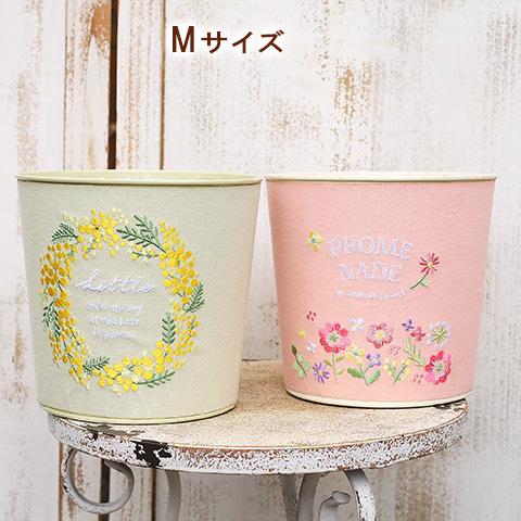 ガーデニング雑貨 鉢 刺繍ブリキポット ミモザ＆フラワー Mサイズ