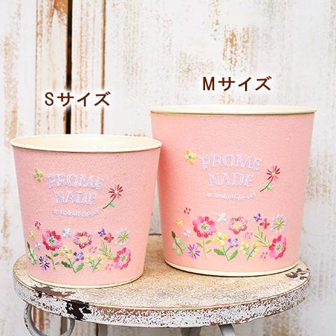 ガーデニング雑貨 鉢 刺繍ブリキポット ミモザ＆フラワー Mサイズ