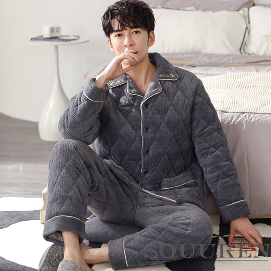 国内発送 クリスマス 外着 真冬寒さ対策 厚手 もこもこ 中綿 メンズパジャマ 寝間着 フランネル 暖かい 部屋着 ふわふわ 上下 前開き 長袖 おしゃれ 保温 3重防寒 男 ルームウェア 無地 冬用 下着 靴下 部屋着